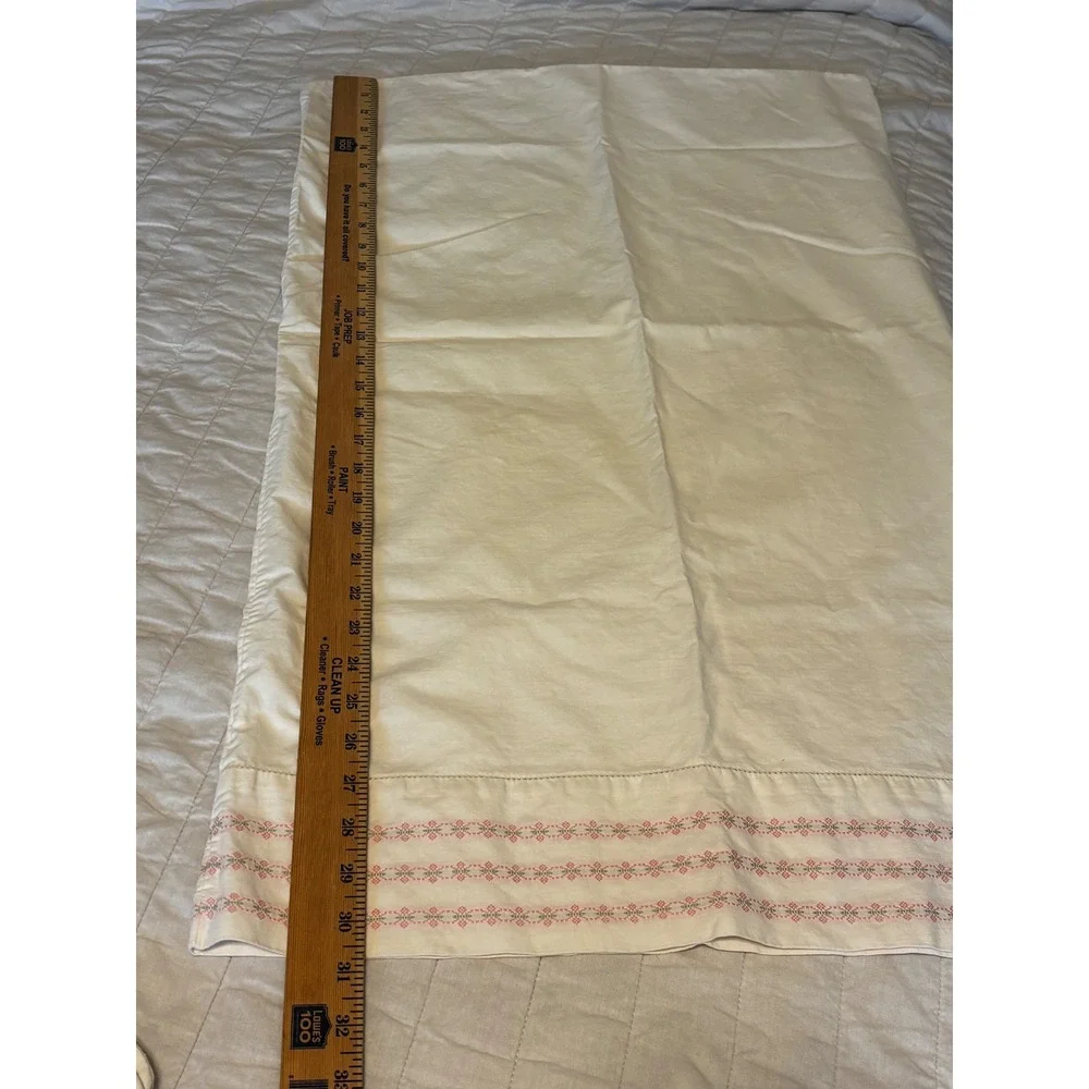Vintage Cotton Pillowcase Pair Pink Green Cross Stitch Floral Embroidery Cream